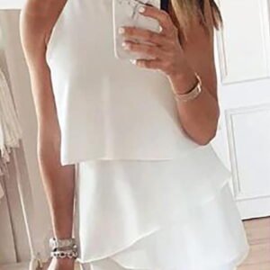 a suit from a mini skirt and a top on the ramechers tied around the neck
