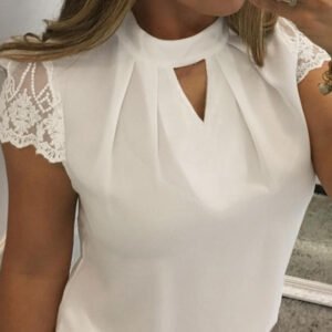 blouse with short lace sleeves with a cut on the neckline 3