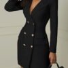 dark cut dress with a jacket with decorative buttons