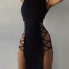 dress with deep cut and stripes