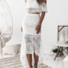 maxi asymmetrical dress with lace wuns and pompoms