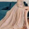 maxi brocade dress with a business belt
