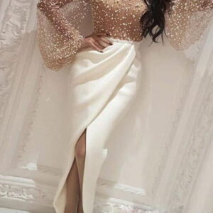 maxi dress with a draped bottom and a transparent gora with pearl