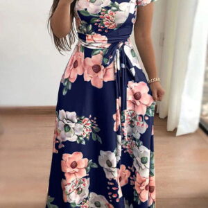 maxi dress with a short sleeve with binding at the waist