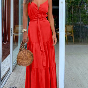 maxi dress with buttons and binding at the waist