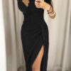 maxi dress with draping and bare shoulders