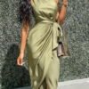 midi dress for one frame with draping and binding at the waist