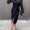 midi dress with draping and lace inserts