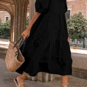 midi oversize dress with stitching and puffy sleeves