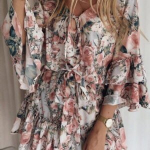 mini dress with binding at the neckline and elastic at the waist 2