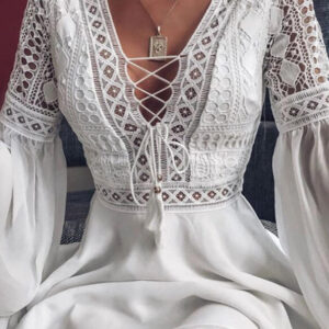 mini dress with lace up azurowa plate and wide sleeves