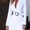 navy dress with a belt in the shape of the heart